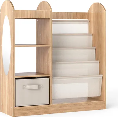 Produktbild von COSTWAY 87,5x30x90 cm Bücherregal Kinder, Kinderregal mit Spiegel, 4 lagigen Regalen, Stoffschubalde&3 Haken, Zeitungsständer, Kinderbücherregal Natur