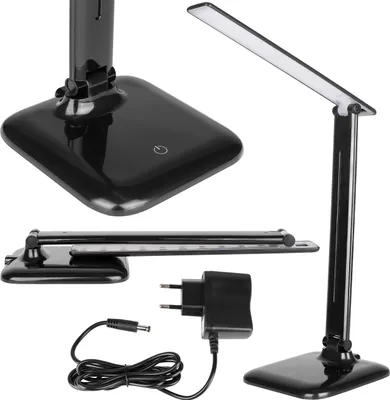 A collage of images showing a black LED desk lamp from different angles, including its base, folded state, and fully extended with the light on. A power adapter and cable are also shown.