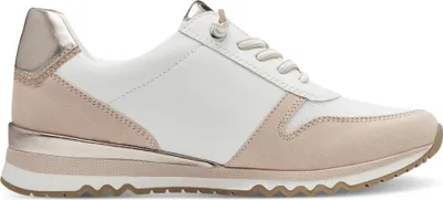 A side view of a white and pink sneaker with gold accents.