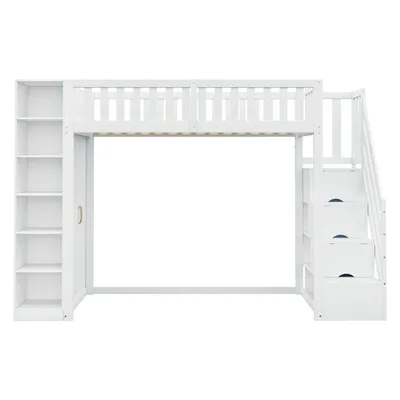 Produktbild von Flieks Etagenbett 90x200cm mit Kleiderschrank und Regal, Hochbett mit Treppe und Schubladen, Kinderbett mit Rausfallschutz & Lattenrost, Weiß