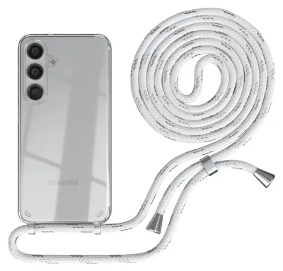 A clear phone case with a white and gray rope lanyard is shown against a white background.