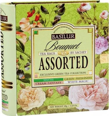 A box of assorted tea bags with a floral design.