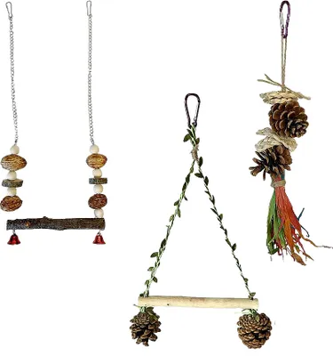 Image de set de 3 pièces En Bois Et Matériau Naturel, Jouet à Bascule Pour Oiseaux, Perroquets, Jouet à Mâcher, Perchoir Suspendu, Hamac