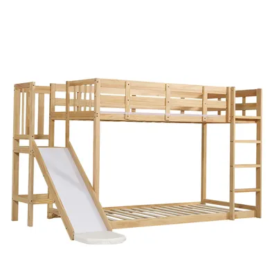 Produktbild von Flieks Etagenbett 90x200cm mit Lattenrost, Kinderbett mit Rutsche und Rausfallschutz, Hochbett mit Leiter und Regal, Massivholzbett Stockbett mit Bettvorhang, Naturbelassen