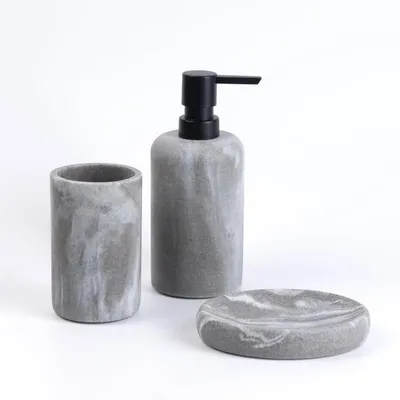 Image de Ensemble de salle de bain 3 pièces : distributeur de savon, porte-savon, porte-brosses à dents, en résine et imitation pierre