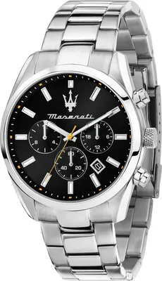 A close-up studio shot of a men's Maserati watch with a black dial and silver metal band.