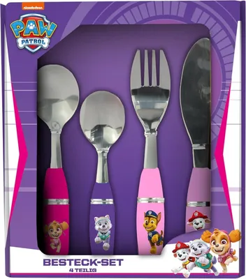 Produktbild von p:os 33792 Besteckset für Mädchen, 4-teilig, Edelstahl mit Kunststoffgriffen, Kinderbesteck