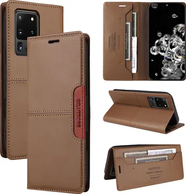 Produktbild von Handyhülle für Samsung Galaxy S20 Ultra Hülle, Leder Flip Wallet Kartenfach Stand Schutzhülle Braun