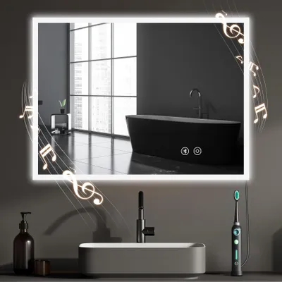 A modern bathroom vanity with a sink, faucet, and a large illuminated mirror reflecting a bathtub and window.