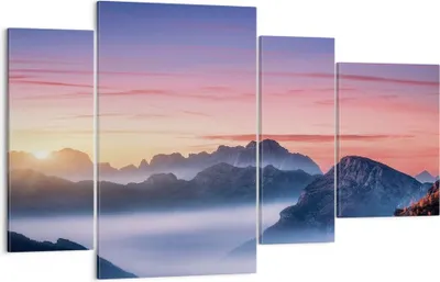 Produktbild von Bild auf Leinwand - Leinwandbild - 4 Teile - Westen Sonne Berge - 120x70cm - Wand Bild - Wanddeko - Wandbilder - Leinwanddruck - Bilder - Wanddekoration - Leinwand bilder - Wandbild - DL120x70-4525