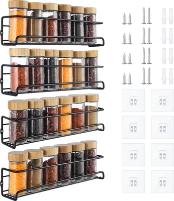 Produktbild von Gewürzregal Wand,4er Set Gewürz Organizer Ohne Bohren,Gewürzhalter Hängend aus Metall mit 8 Selbstklebende und Schrauben