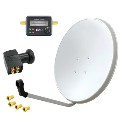 A collection of satellite dish components arranged on a white background.