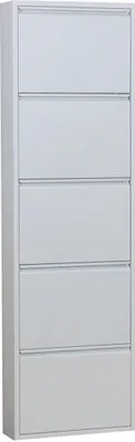 A tall, narrow white shoe cabinet with five flip-down doors.
