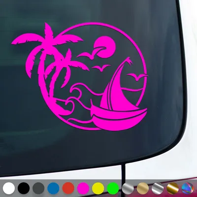 Produktbild von PantherPixel Sonne Strand Aufkleber Palmen Urlaub Reisen Segelboot Sticker Auto Geschenkidee Farbe Neon-Pink