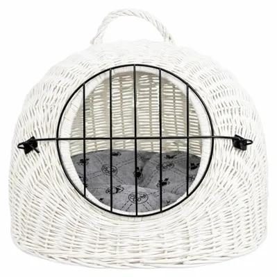 Produktbild von Korb aus Rattan zum Transportieren mit Griff und hellgrauem Kissen