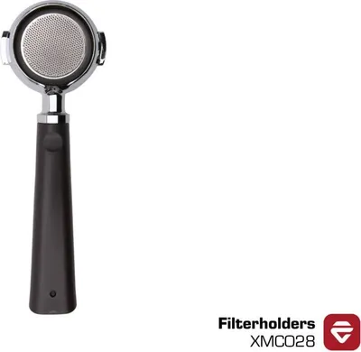 A black handled portafilter with a silver filter basket is shown on a white background.
