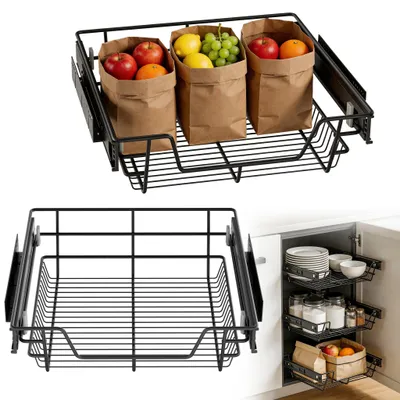 Produktbild von JOIEYOU 2X Teleskopschublade Küchenschrank Korb, Schrankauszug Metall mit Vollauszug, Drahtkorb für 50 cm Schränke, Nachrüstbarer Korbauszug, Schwarz