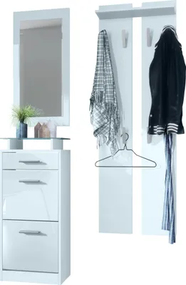 Produktbild von Vladon Garderobenset Garderobe Loret V2 Mini, Korpus in Weiß matt / Front in Weiß Hochglanz