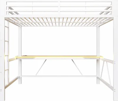 Produktbild von Merax Etagenbett 140x200 cm, Gaming-Metall-Hochbett mit LED-Beleuchtung, USB-Ladestation und Schreibtisch, Stockbett, Kinderbett, Jugendbett, Weiß