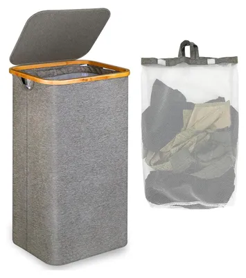 Produktbild von Efluky Wäschekorb mit Deckel und Bambusgriffen, 100 Liter, faltbarer XXL Waschkorb, grau