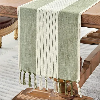 Obrázek produktu pro Běhoun na stůl makramé - Bavlněné plátno - Krémová a kávová - 230 cm - Venkovský styl