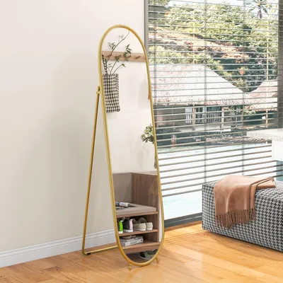 Produktbild von Ganzkörperspiegel oval freistehend, Standspiegel Metallrahmen Splitterschutzfolie, Gold | 40 x 160 cm | 11 kg | rostfreier Rahmen