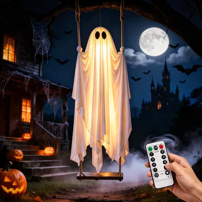 Schaukelnder Geist 130 cm mit LED, 8 Lichtmodi, Timer – Halloween Deko