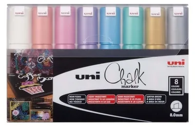 Zdjęcie produktu dla Uni-Ball ChalkGlass PWE-8K, Zielony, Jasny Niebieski, Pomarańczowy, Różowy, Czerwony, Fioletowy, Biały, Żółty, Dłuto, 8 szt.