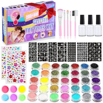 Produktbild von Glitzer Tattoo Set Kinder 41 Farben Temporäre Glitzertattoos für Mädchen mit 204 Schablonen und 215 Strasssteinen