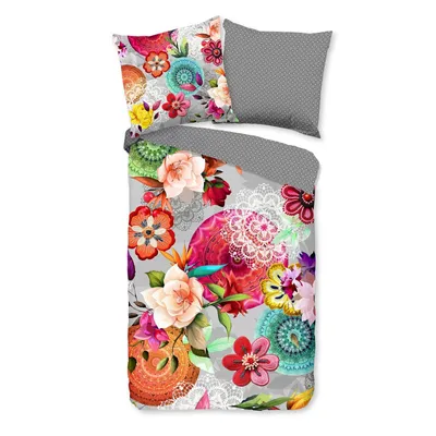 A flat lay of a duvet cover and pillowcase with a floral and mandala pattern.