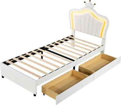 Immagine prodotto di okwish Letto a piattaforma 90×200 cm con griglia, Letto imbottito per ragazzi con illuminazione a LED e cassetti,PoliuretanoBianco (senza materasso)
