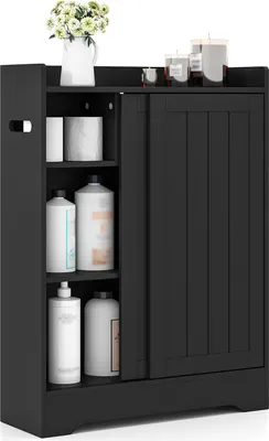Produktbild von COSTWAY Badezimmerschrank, Nischenschrank mit Schiebetüren, Regalen, Toilettenpapierhalter & Bürstenfach, Badschrank, Toilettenschrank Holz, Schwarz