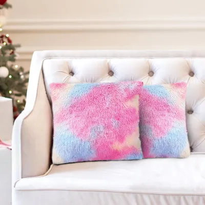 2 Kunstfell-Kuschelkissen, Regenbogen, 45x45 cm