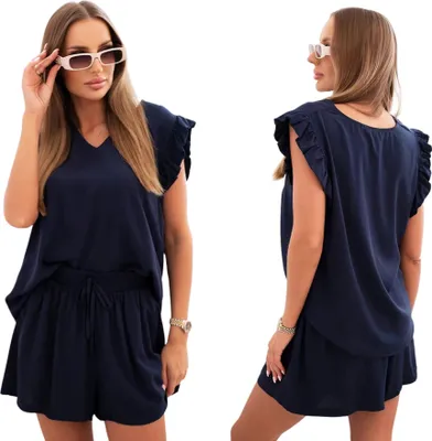 Immagine prodotto di Set da donna in viscosa, camicetta con volant e pantaloncini blu navy