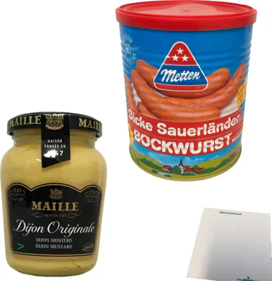 Produktbild von Metten Dicke Sauerländer Bockwurst 5x80g (1x400g Dose) Maille Dijon Senf (215g Glas) + usy Block