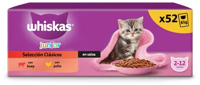 Imagen del producto de Whiskas, alimento seco para gatos, línea Junior Classic, 13 unidades, 4 gramos por unidad, envase de 85 gramos
