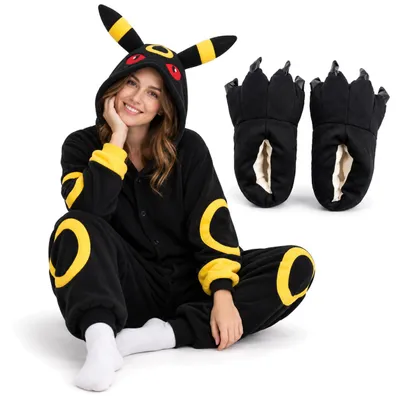 Image de Coffret cadeau : Onesie Kigurumi Pyjama Pokemon Umbreon Déguisement Costume XXL : 185 - 195cm + Chaussons pattes 3D 37-44