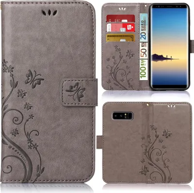 A collage of images showing a grey flip phone case with a floral pattern, a phone inside the case, and the back of the case.