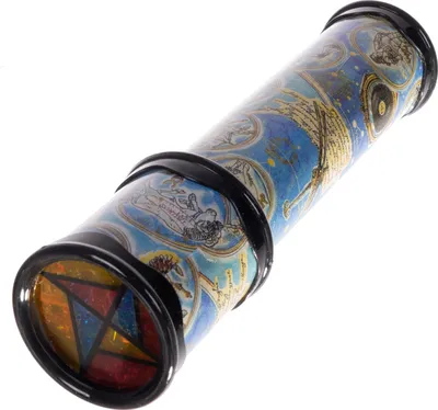 A close-up, studio shot of a kaleidoscope against a white background.