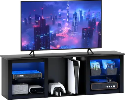 Produktbild von HOMCOM RGB-LED-TV-Ständer, TV-Bank aus Holz für Fernseher bis zu 65 Zoll mit verstellbaren Glasablagen, 5 Ablagen, Kabelmanagement und Fernbedienung für Wohnzimmer und Schlafzimmer, Maße: 160 x 35 x 53 cm, Schwarz