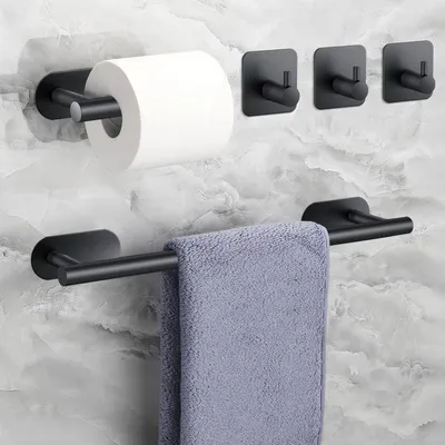 Obrázek produktu pro Sada držáků na ručníky, 5 kusů - samolepicí, černá, nerezová ocel