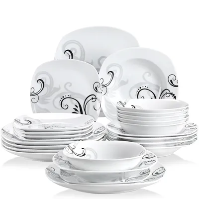 Zdjęcie produktu dla Porcelanowy zestaw naczyń, kwiatowy wzór, kwadratowy kształt, 24 SZTUKI