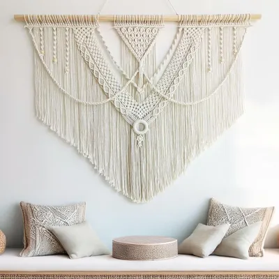 Zdjęcie produktu dla Dekoracja ścienna makrama - Bawełna - 110 x 82 cm - Ręcznie tkana - Boho