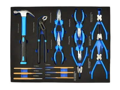 Produktbild von BSD Zangen Set mit Hammer - Flaschrundzange, Kombizange, Diagonalzange, Seegerzange, Splinttreiber, Wasserpumpenzange - 16 Teilig - Werkstattwagen Einsatz, Werkstattwagen Einlage
