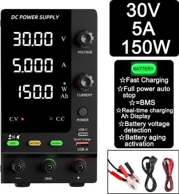 Obrázok produktu pre DC laboratórny zdroj – SPPS-C305C, 30V, 5A – Nastaviteľný zdroj s prepínanou reguláciou – Inteligentný režim nabíjania – Rýchle nabíjanie cez USB-C a USB-A – Ochrana proti preťaženiu a alarm