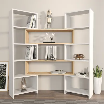 A modern, multi-level bookshelf with a white frame and oak-colored shelves, displaying various decorative items and books.