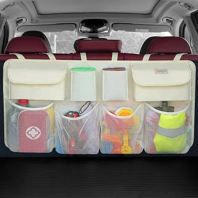 Image de Sac de coffre de voiture à double capacité, avec filet élastique et 4 compartiments, sac de coffre, sac de coffre de voiture