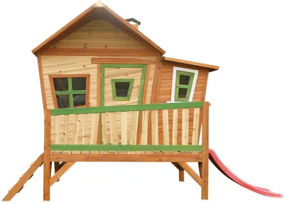 Zdjęcie produktu dla AXI Crooked Emma Playhouse Brown/green - Red Slide, Domek dla dzieci na nóżkach, 2 lat(a), 1 drzw., Ślizgawka, Drewno