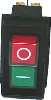 A close-up studio shot of a black electrical switch with red and green buttons.