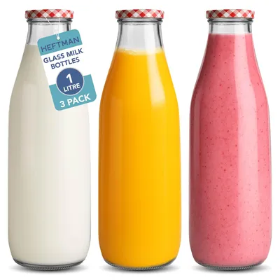 3er-Set Glas-Milchflaschen 1 l mit Deckel, Retro, luftdicht